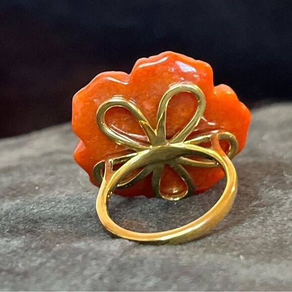 NWT Carved Red Jade & Niassa Ruby Primrose Floral Ring Yellow Gold /Sterling - Picture 7 of 13